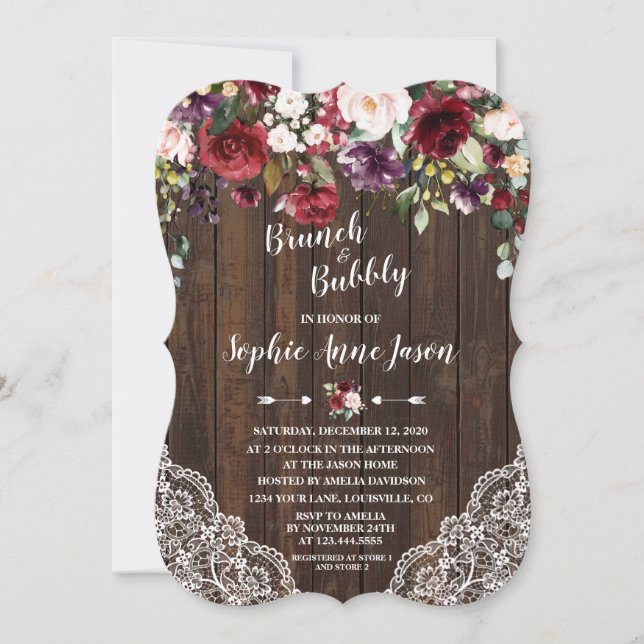 Burgund Blume Brunch & Bubbly Brautparty Einladung (Vorderseite)
