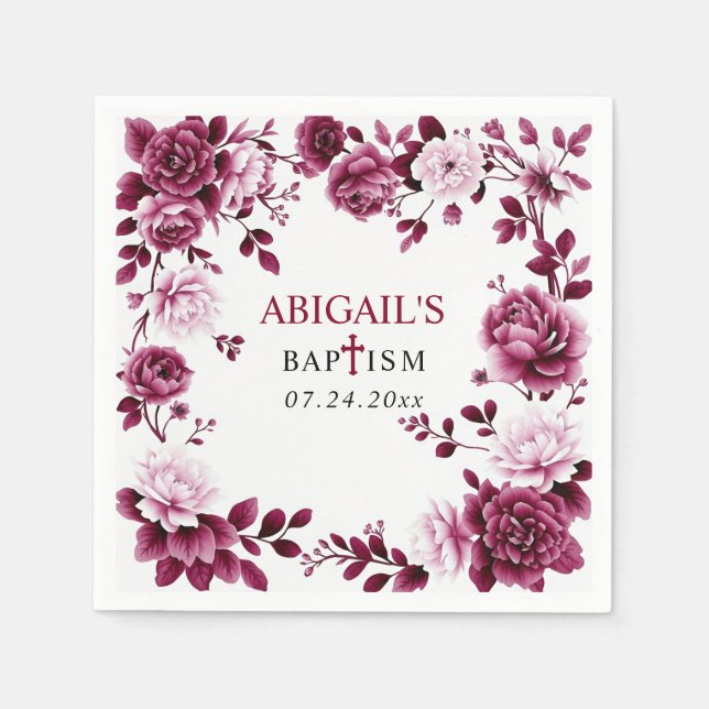 Burgund Blume Chinoiserie Blumenmädchen Taufe Serviette (Vorderseite)