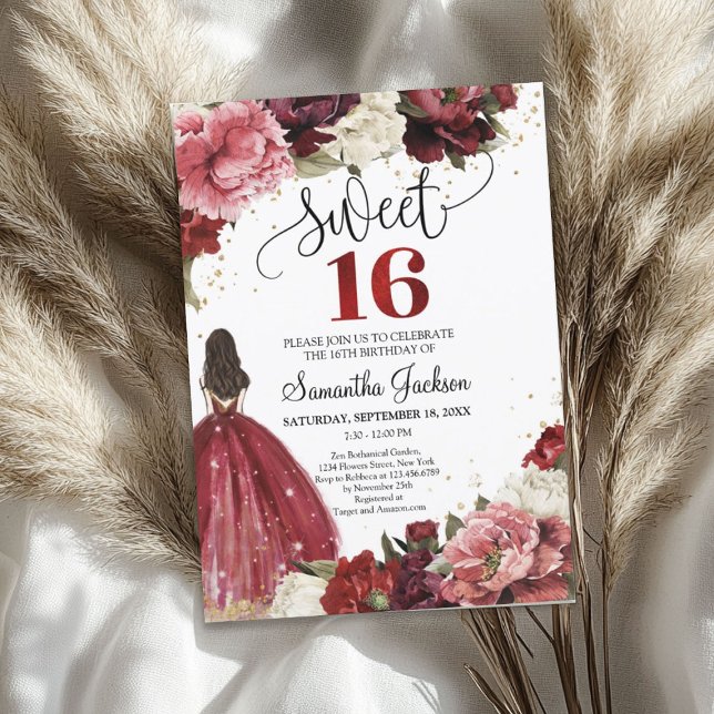 Burgund-Blume Einladung (Burgundy and blush maroon flowers princess dress invitation)