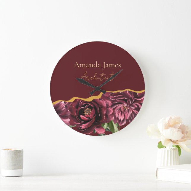 Burgund Blume Elegante mit Goldakzent Große Wanduhr (Zuhause)