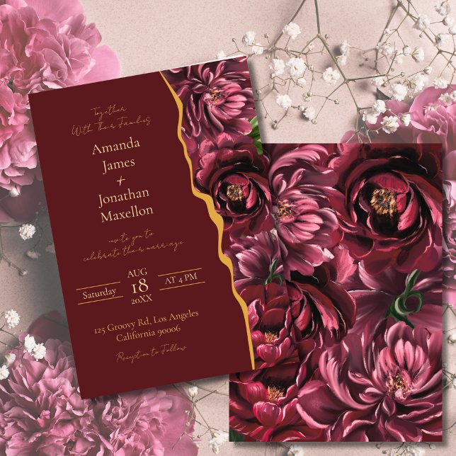 Burgund Blume Elegante mit Goldakzenten Hochzeit Einladung (Von Creator hochgeladen)