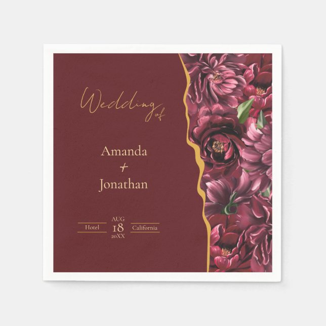 Burgund Blume Elegante mit Goldakzenten Hochzeit Serviette (Vorderseite)