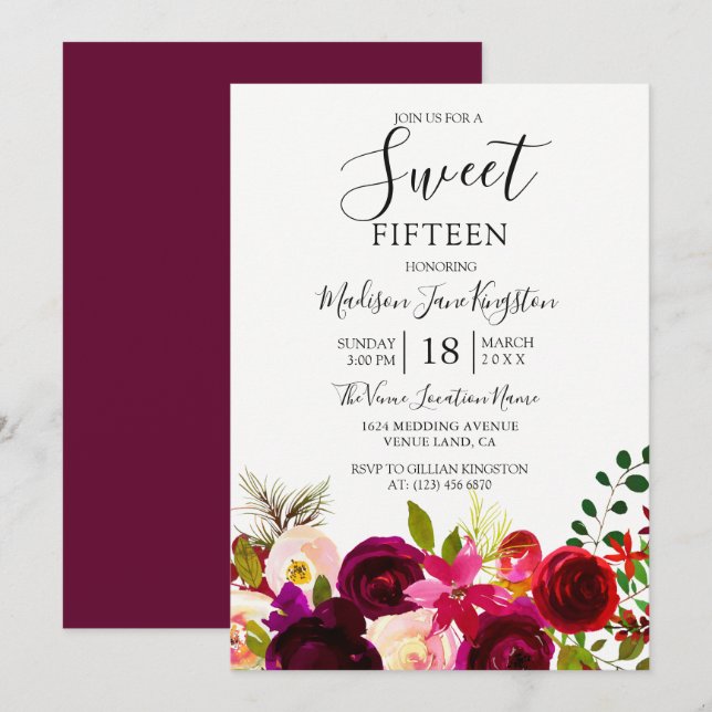 Burgund Blume Floral Boho Sweet 15 Einladung (Vorne/Hinten)