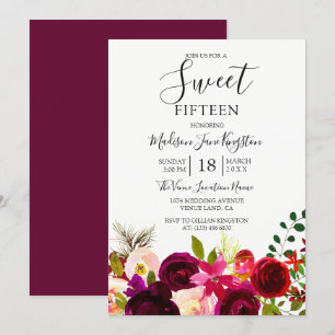 Burgund Blume Floral Boho Sweet 15 Einladung