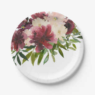 Burgund Blume Floral Wasserfarbe Pappteller
