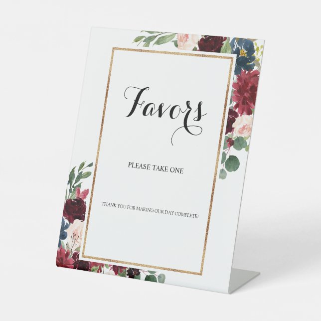 Burgund Blume Gastgeschenk Hochzeit Bitte nehmen S Sockelschild (Vorderseite)