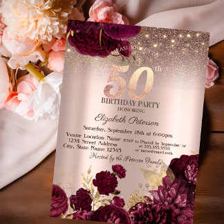 Burgund Blume Glitzer Rose Gold 50. Geburtstag Einladung