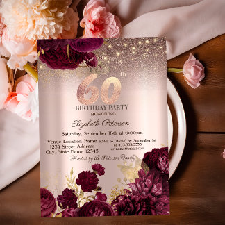 Burgund Blume Glitzer Rose Gold 60. Geburtstag Einladung