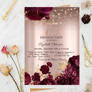 Burgund Blume Glitzer Rose Gold 75. Geburtstag Einladung