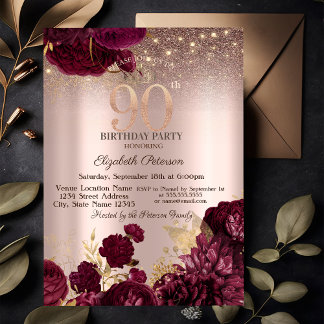 Burgund Blume Glitzer Rose Gold 90. Geburtstag Einladung