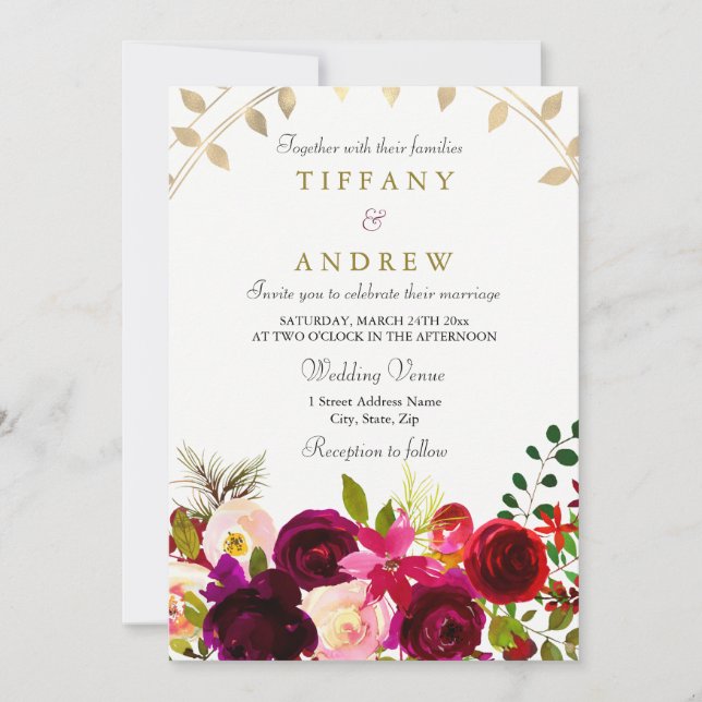 Burgund Blume Gold Leaf Hochzeit einladen Einladung (Vorderseite)
