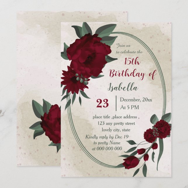 Burgund Blume grün geometrisch Geburtstag Einladung (Vorne/Hinten)