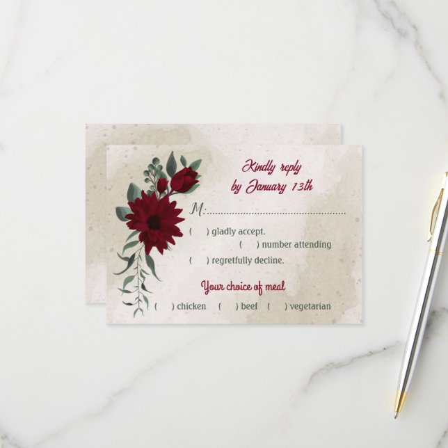 Burgund Blume Grüne Mahlzeit Wahl Hochzeit RSVP Karte (Vorderseite/Rückseite Beispiel)