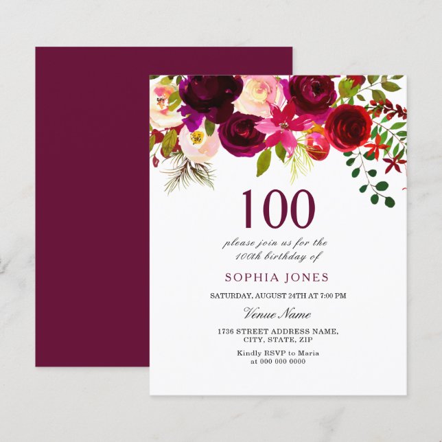 Burgund Blume Haushalt 100. Geburtstag Einladung (Vorne/Hinten)