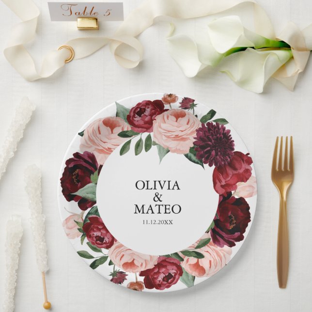 Burgund-Blume Hochzeit Personalisiert Pappteller (Hochzeit)