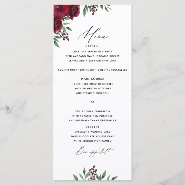 Burgund-Blume-Hochzeitmenü Menükarte (Vorderseite)