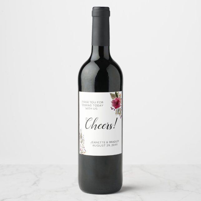 Burgund Blume jubeln Danke Hochzeit Weinetikett (Vorderseite)