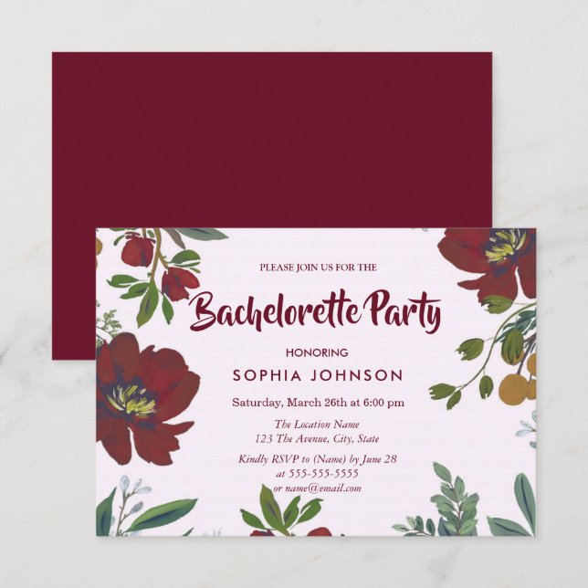 Burgund Blume Junggeselinnen-Abschied Einladung (Vorne/Hinten)