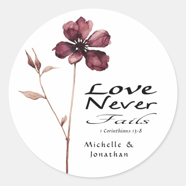 Burgund-Blume-Liebe Versage nie Bibelhochzeit Runder Aufkleber (Vorderseite)