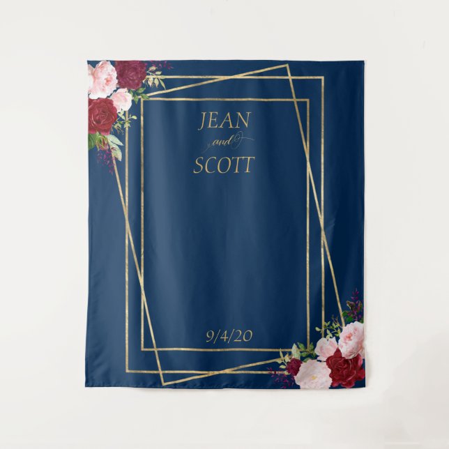 Burgund Blume Navy Gold Frame Rosa Rosa Wandteppich (Vorderseite)