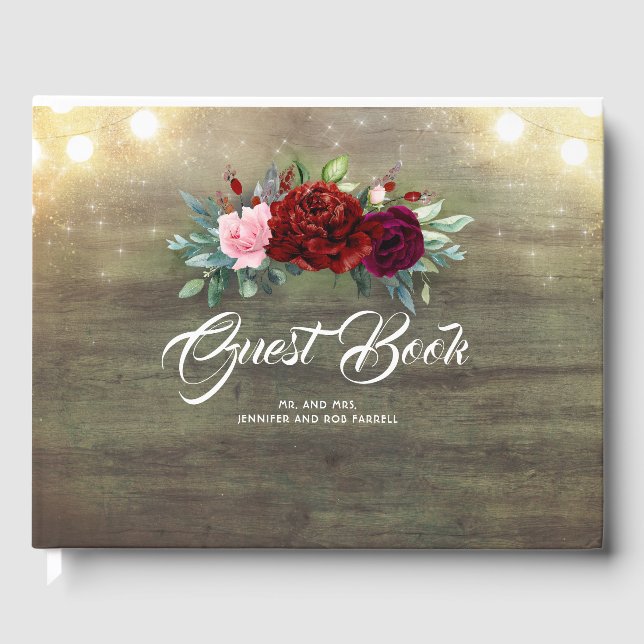 Burgund Blume - Peony Rustic Wedding Gästebuch (Vorderseite)