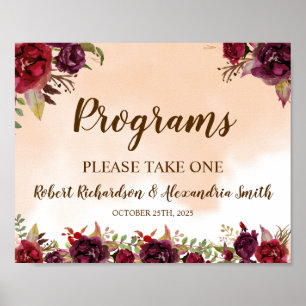 Burgund Blume Programme Hochzeitfeier Unterzeichnu Poster