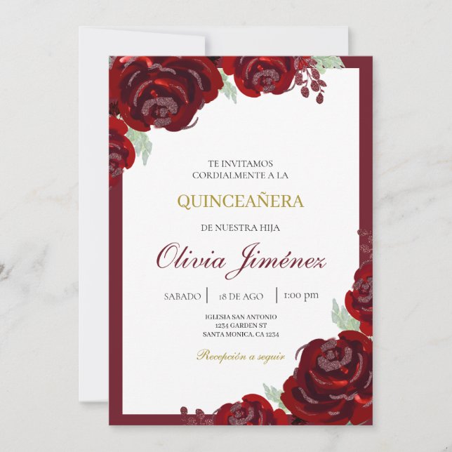 Burgund Blume quinceañera Einladung (Vorderseite)