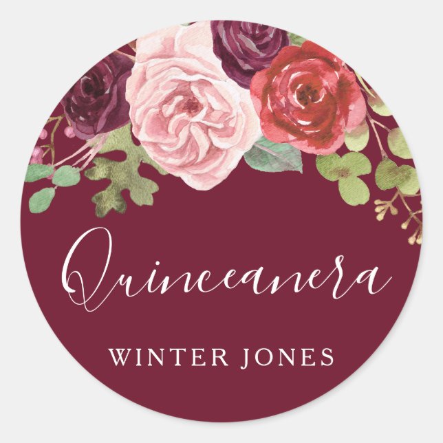 Burgund Blume Quinceanera Gastgeschenk Siegel Runder Aufkleber (Vorderseite)