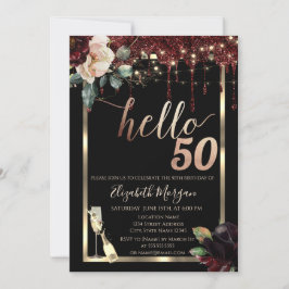 Burgund-Blume, Rahmen, Champagner 50. Geburtstag Einladung