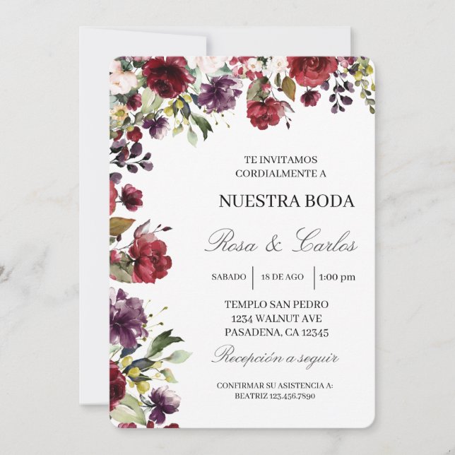 Burgund Blume Rahmen Spanische Hochzeitseinladung Einladung (Vorderseite)