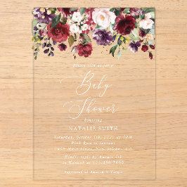 Burgund-Blume, rosa Blume, Boho, Babydusche Acryleinladungen