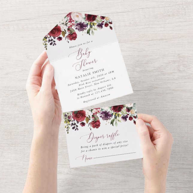 Burgund-Blume, rosa Blume, Boho, Babydusche All In One Einladung (Abreißen)