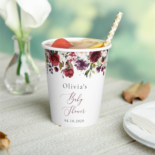 Burgund-Blume, rosa Blume, Boho, Babydusche Pappbecher (In Situ)