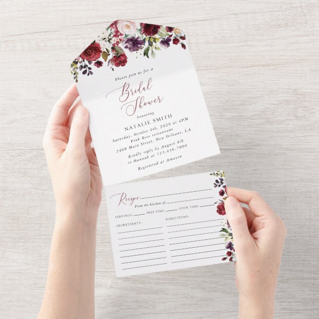 Burgund-Blume, rosa Blume, Boho-Brautparty All In One Einladung (Abreißen)