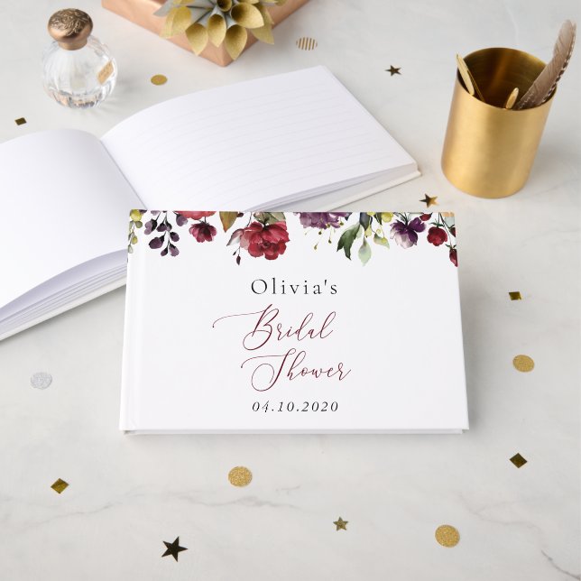 Burgund-Blume, rosa Blume, Boho-Brautparty Gästebuch (Vorderseite Offen)