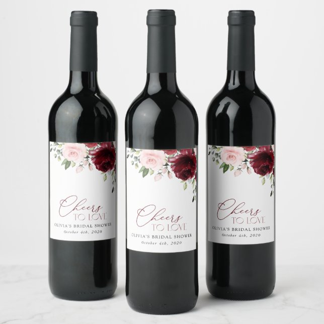 Burgund-Blume, rosa Blume, Brautparty Weinetikett (Flaschen)