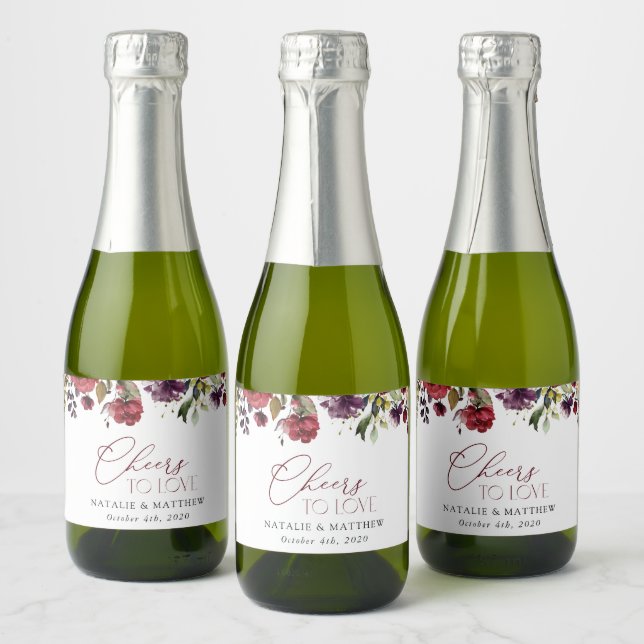 Burgund-Blume, rosa Blume, Grünpflanzen, Hochzeit (Flaschen)