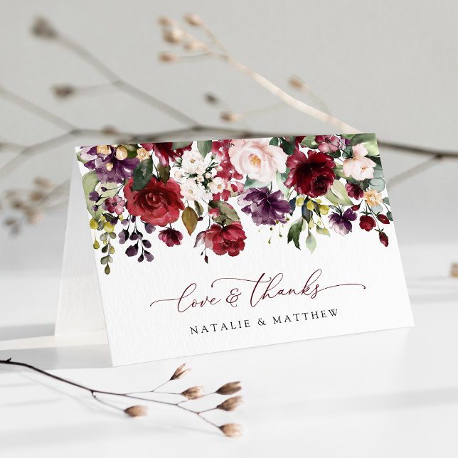 Burgund-Blume, rosa Blume, Grünpflanzen, Hochzeit Dankeskarte (Von Creator hochgeladen)