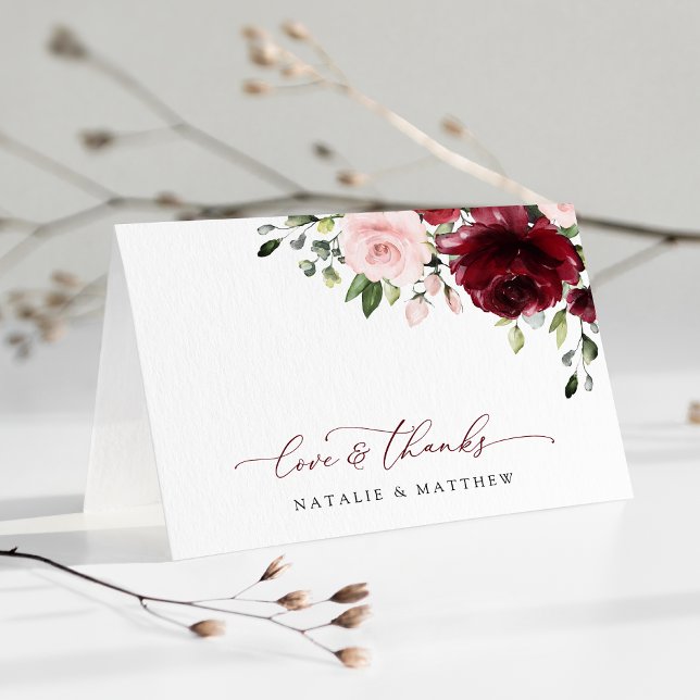 Burgund-Blume, rosa Blume, Grünpflanzen, Hochzeit Dankeskarte (Von Creator hochgeladen)