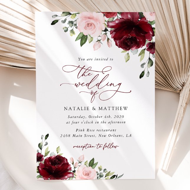 Burgund-Blume, rosa Blume, Grünpflanzen, Hochzeit Einladung (Von Creator hochgeladen)