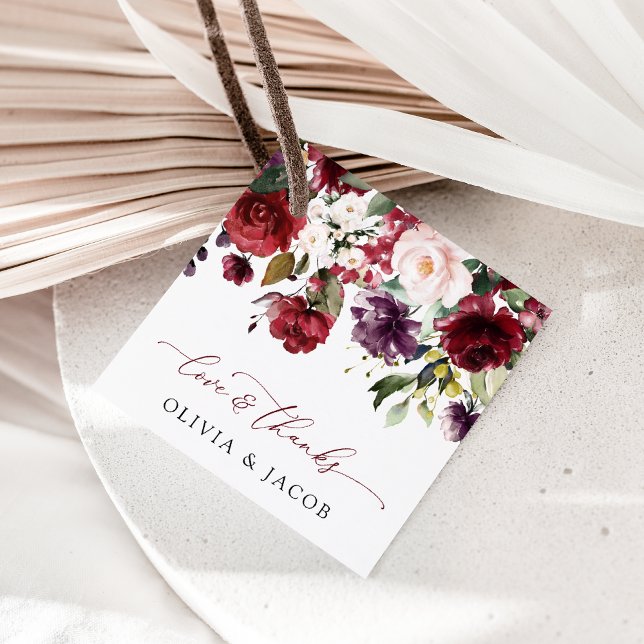 Burgund-Blume, rosa Blume, Grünpflanzen, Hochzeit Geschenkanhänger (Von Creator hochgeladen)