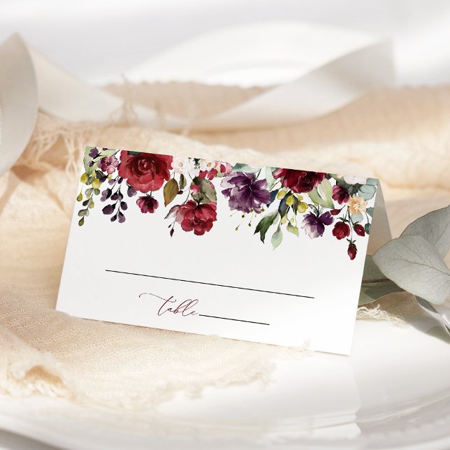 Burgund-Blume, rosa Blume, Grünpflanzen, Hochzeit Platzkarte (Von Creator hochgeladen)