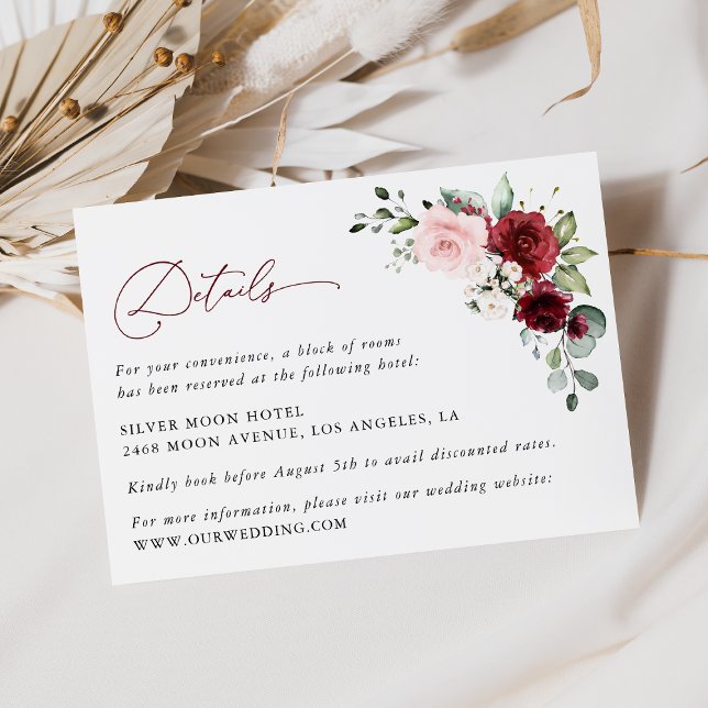 Burgund-Blume, rosa Blume, Hochzeitdetails Begleitkarte (Von Creator hochgeladen)