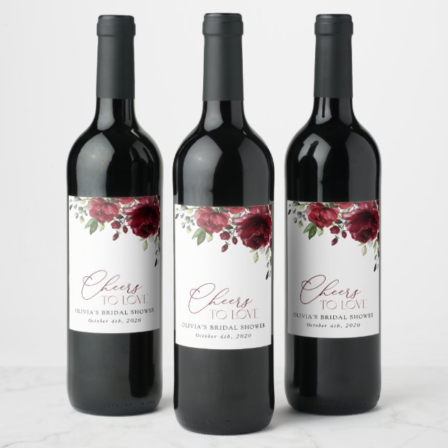 Burgund-Blume, Rote Blume, Boho, Brautparty Weinetikett (Flaschen)