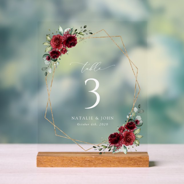 Burgund-Blume, Rote Blume, Boho, Tischnummern Acrylschild (Neutral)