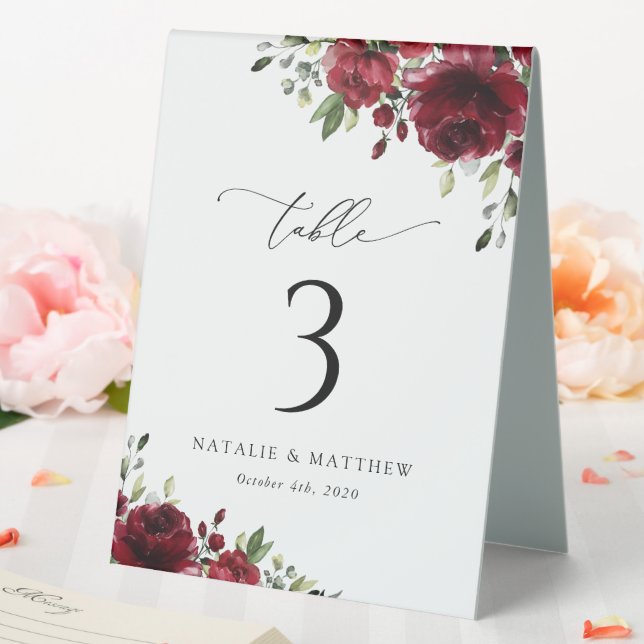 Burgund-Blume, Rote Blume, Boho, Tischnummern Tischaufsteller (In Situ (Hochzeit))