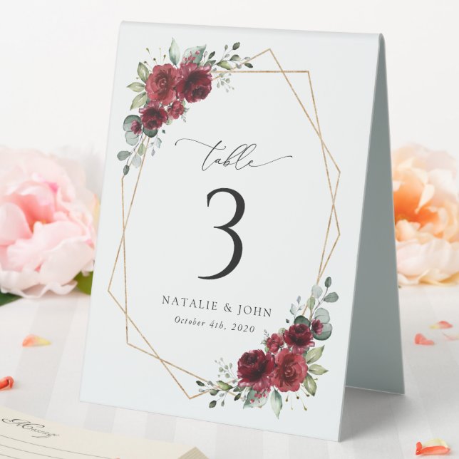 Burgund-Blume, Rote Blume, Boho, Tischnummern Tischaufsteller (In Situ (Hochzeit))