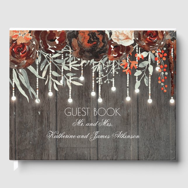 Burgund Blume Rustikale String Lights Wood Gästebuch (Vorderseite)