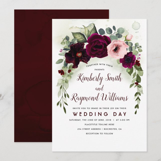 Burgund Blume und Grüngarten Hochzeit Einladung (Vorne/Hinten)