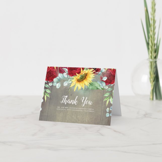 Burgund Blume und Sonnenblumen Hochzeit Danke (Vorderseite)